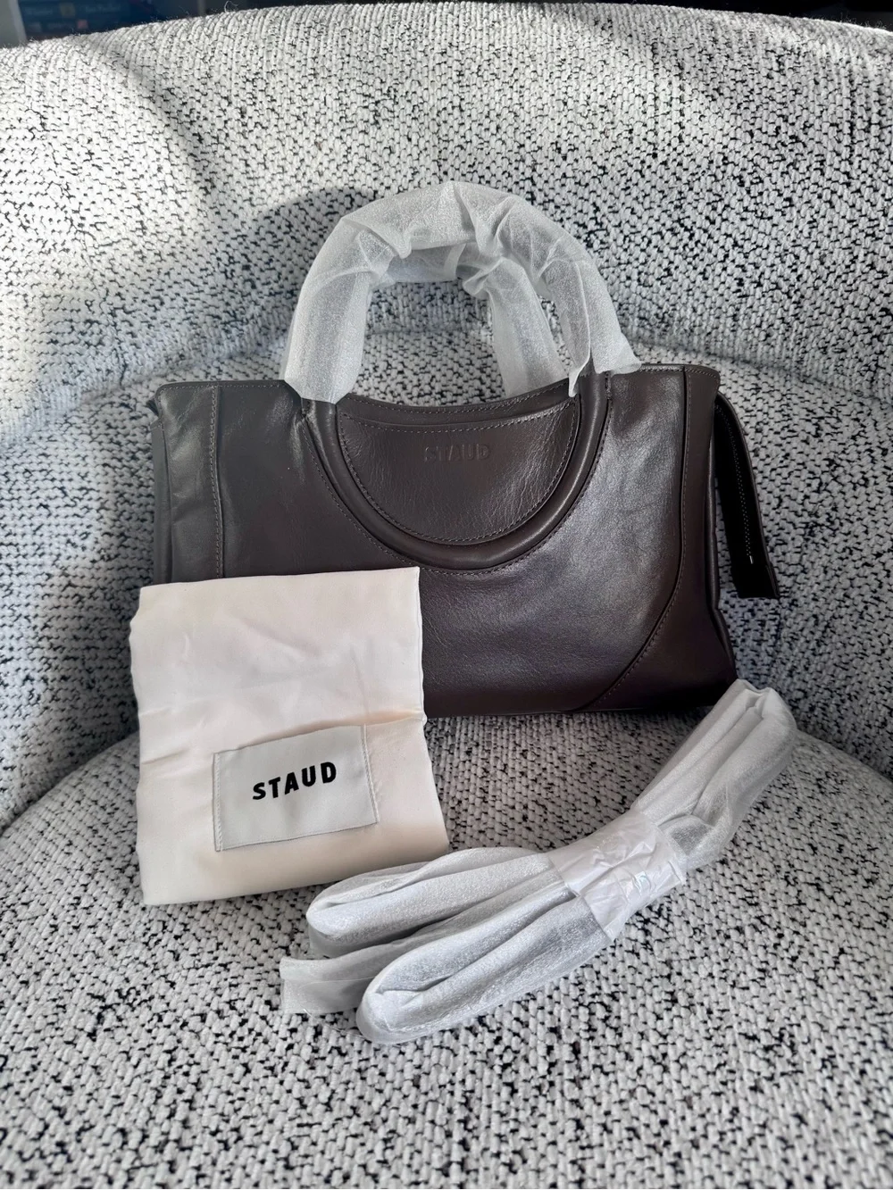 STAUD Maude Satchel with Removable Strap in Dark Brown Leather